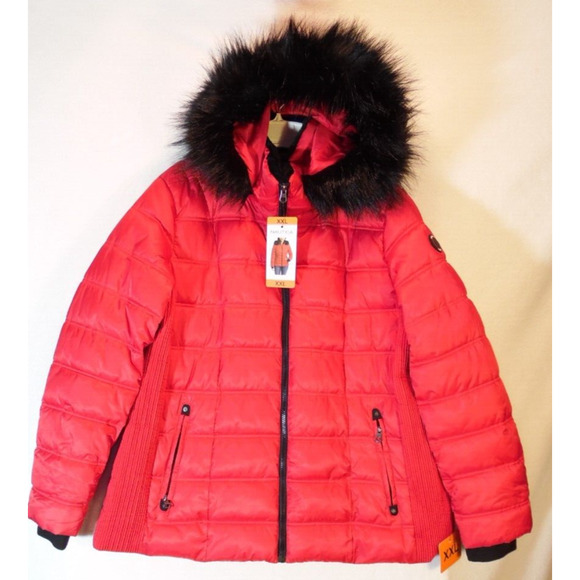 Nautica Puffer‎ Jacket Womens Plus 2X Red Fur Trim Removable hood Waterproof NWT - Picture 1 of 11